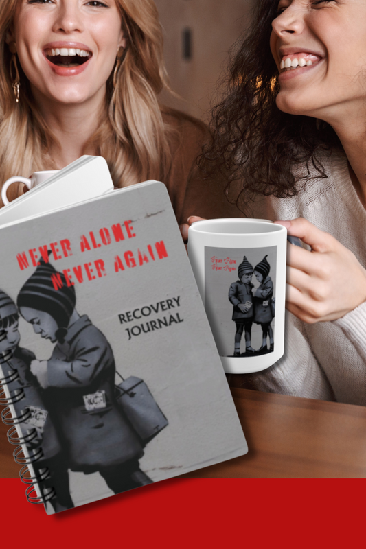 RECOVERY TOOLKIT "Never Alone Never Again" 15 oz. Mug w/ Recovery Journal (2 gifts in 1)