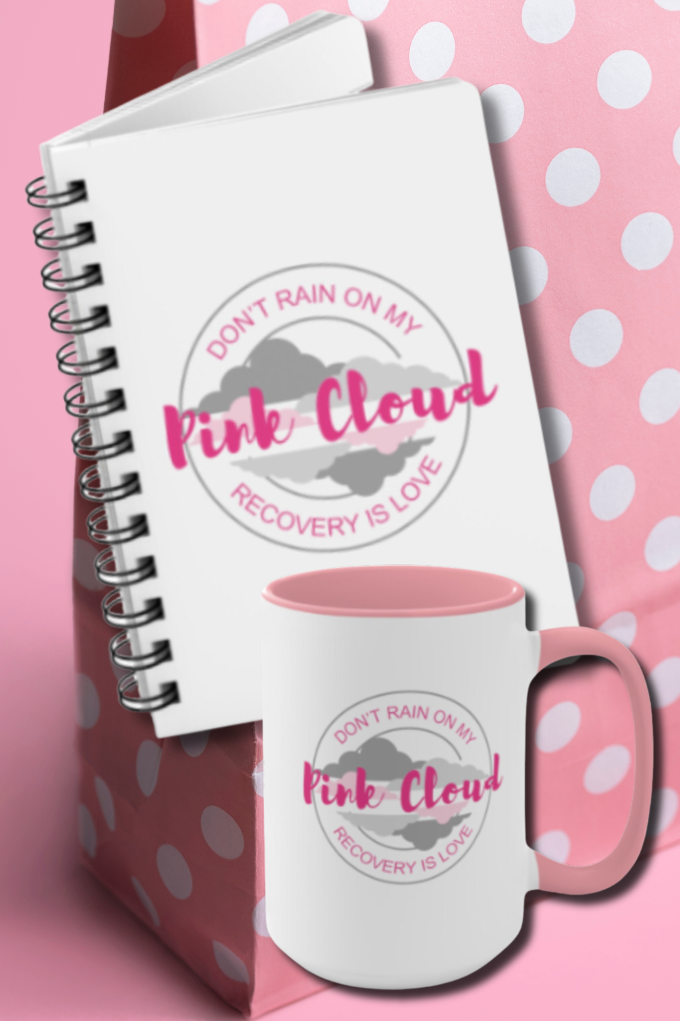 RECOVERY TOOLKIT "Don't Rain on My Pink Cloud" 15 oz. Mug w/ Recovery Journal (2 gifts in 1) FREE SHIPPING